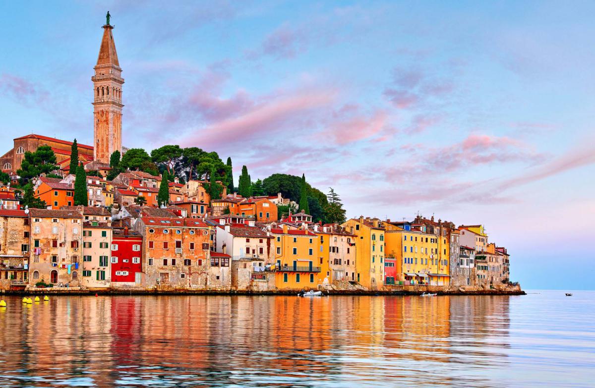 Rovinj,Croatia.,Sunrise,Sky,Above,Vintage,Town,At,Istria,Peninsula